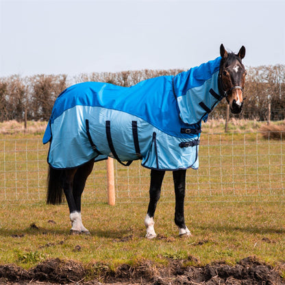 600D 2 in 1 Lightweight Waterproof Fly Turnout Mesh Horse Rug Fixed Neck Blue/Light Blue