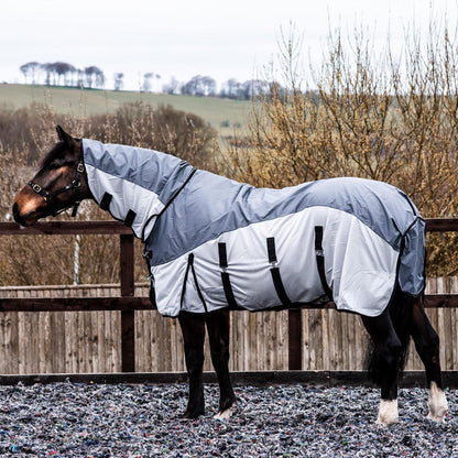 600D 2 in 1 Lightweight Waterproof Fly Turnout Mesh Horse Rug Fixed Neck Grey/Silver