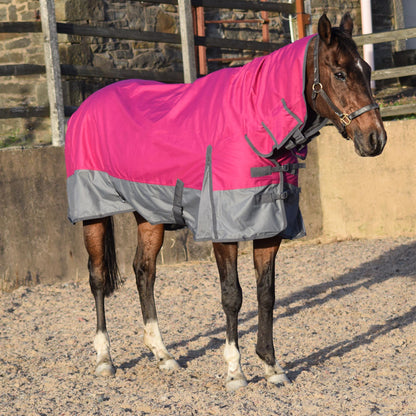 600D Mediumweight Waterproof Horse Turnout Rug 100g Fill Combo Full Neck Raspberry/Grey