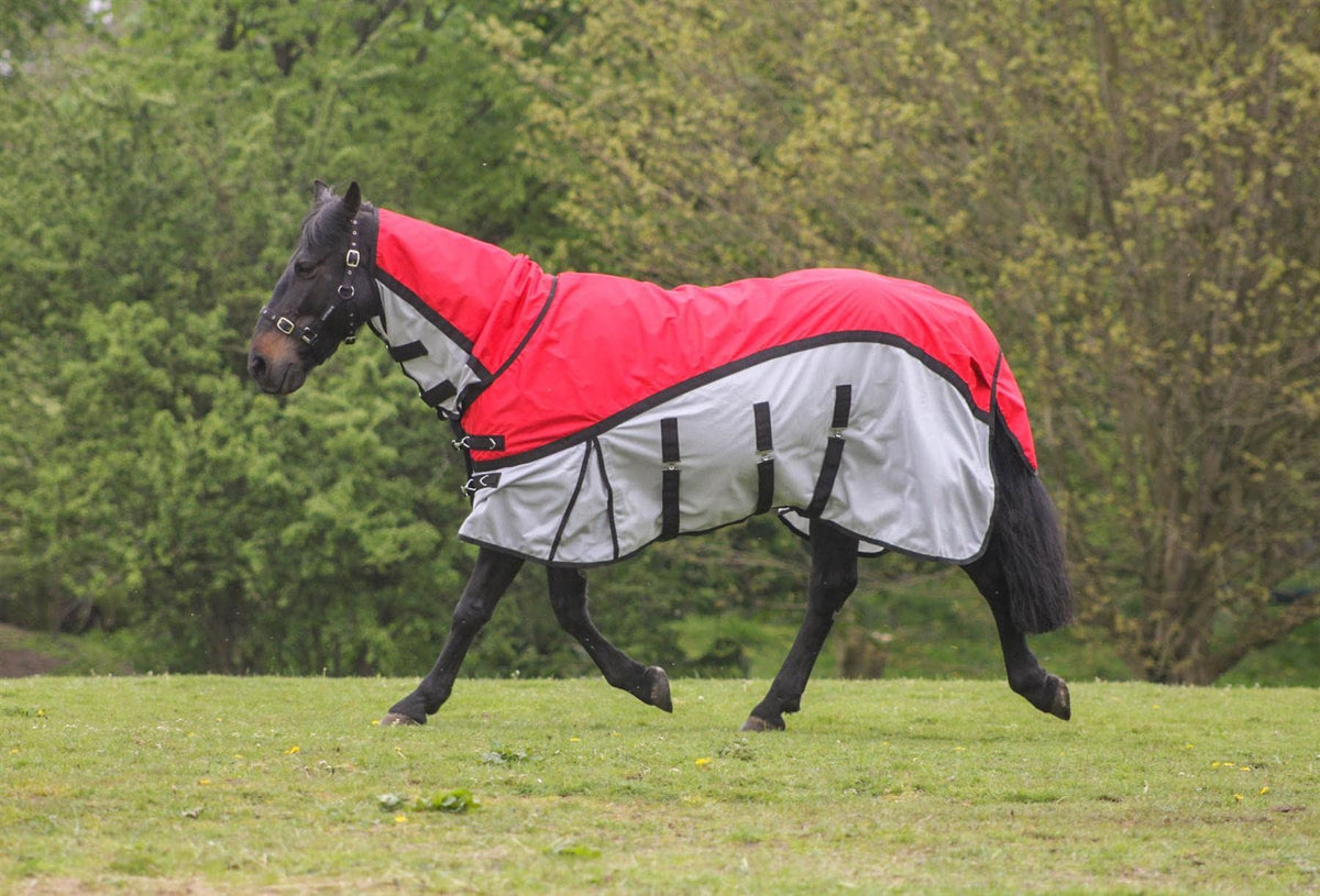 600D 2 in 1 Lightweight Waterproof Fly Turnout Mesh Horse Rug Fixed Neck Red/Grey