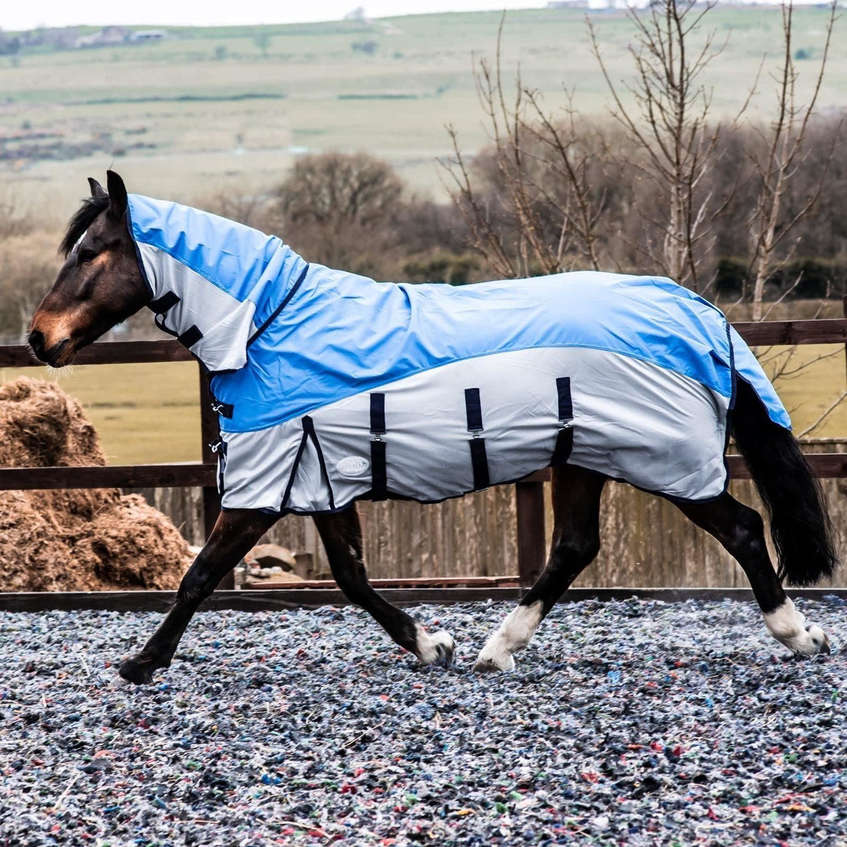 600D 2 in 1 Lightweight Waterproof Fly Turnout Mesh Horse Rug Fixed Neck Blue/Grey