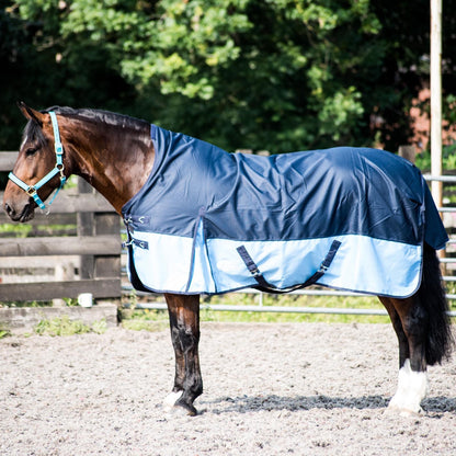 600D Lightweight Waterproof Horse Turnout Rug 0g No Fill Half Neck Navy/Baby Blue