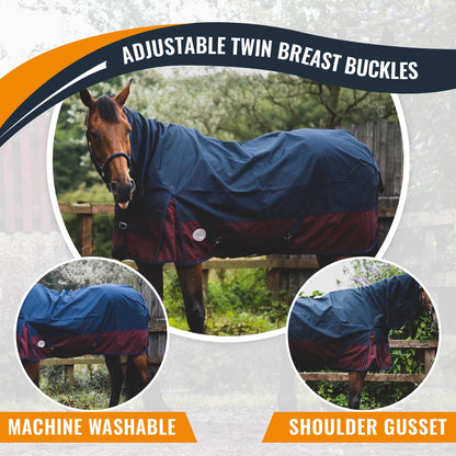 600D Mediumweight Waterproof Horse Turnout Rug 50g Fill Combo Full Neck Navy/Burgundy