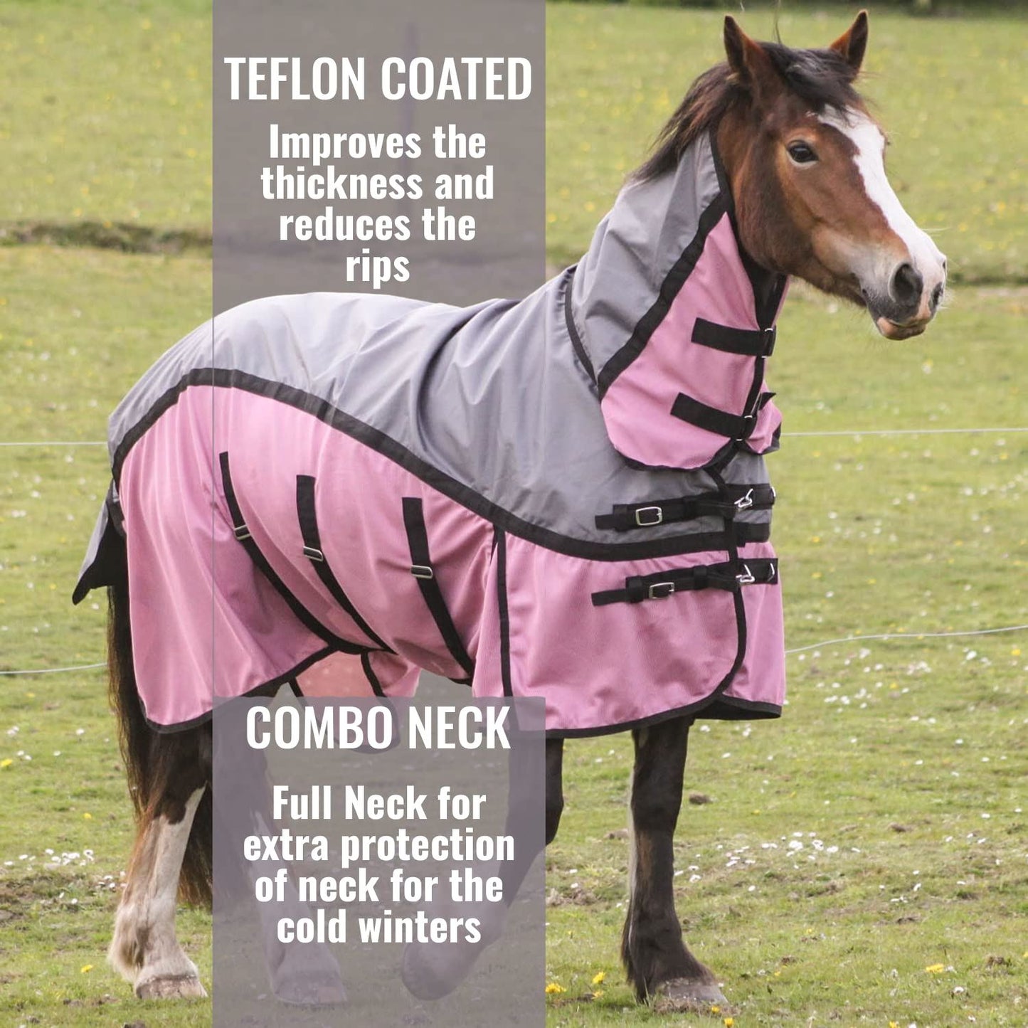600D 2 in 1 Lightweight Waterproof Fly Turnout Mesh Horse Rug Fixed Neck Grey/Raspberry