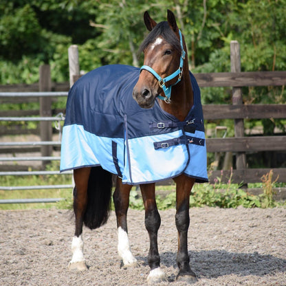 1200D Lightweight Waterproof Horse Turnout Rug 0g No Fill Half Neck Navy/Baby Blue