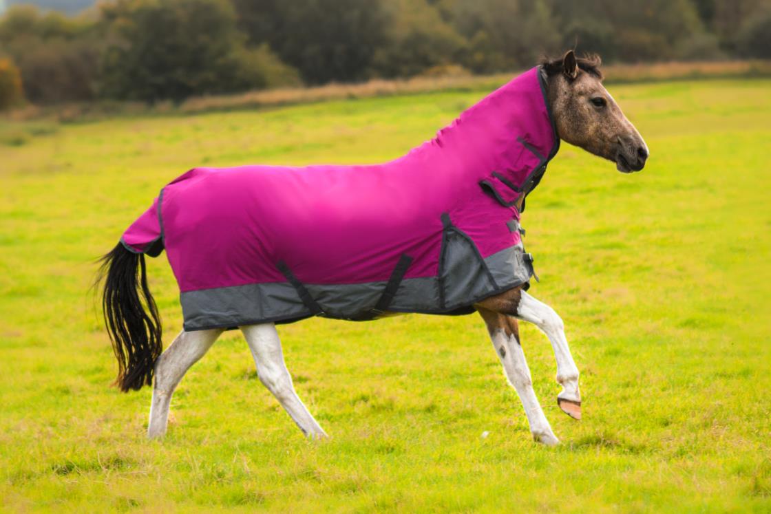 600D Mediumweight Waterproof Horse Turnout Rug 100g Fill Combo Full Neck Raspberry/Grey