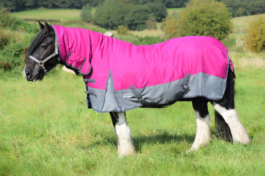 600D Mediumweight Waterproof Horse Turnout Rug 100g Fill Combo Full Neck Raspberry/Grey