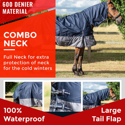 600D Mediumweight Waterproof Horse Turnout Rug 100g Fill Combo Full Neck Navy/Grey