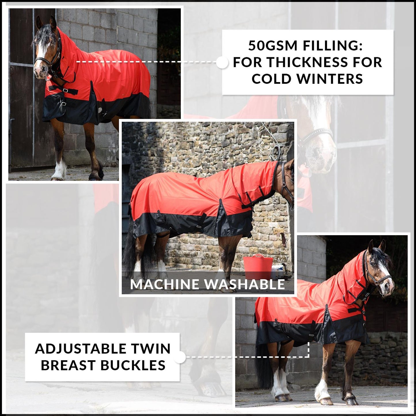 600D Mediumweight Waterproof Horse Turnout Rug 50g Fill Combo Full Neck Red/Black