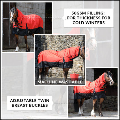 600D Mediumweight Waterproof Horse Turnout Rug 50g Fill Combo Full Neck Red/Black