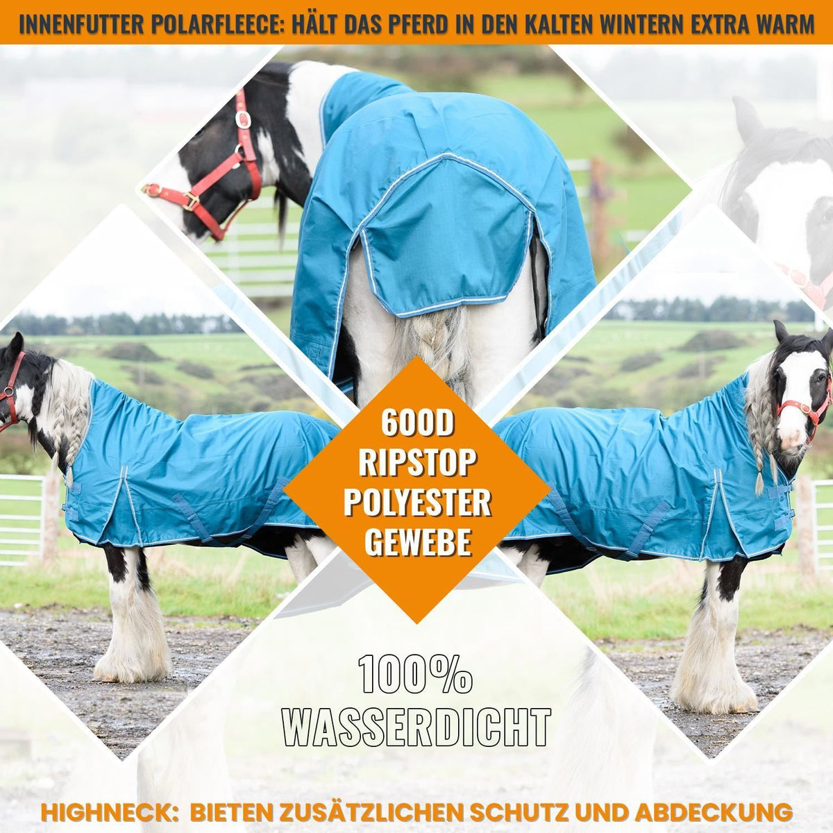 600D Mediumweight Waterproof Horse Turnout Rug 50g Fill Half Neck Turquoise