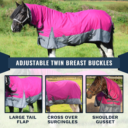 600D Mediumweight Waterproof Horse Turnout Rug 50g Fill Combo Full Neck Raspberry/Dark Grey