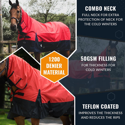 1200D Mediumweight Waterproof Horse Turnout Rug 50g Fill Combo Full Neck Red/Navy
