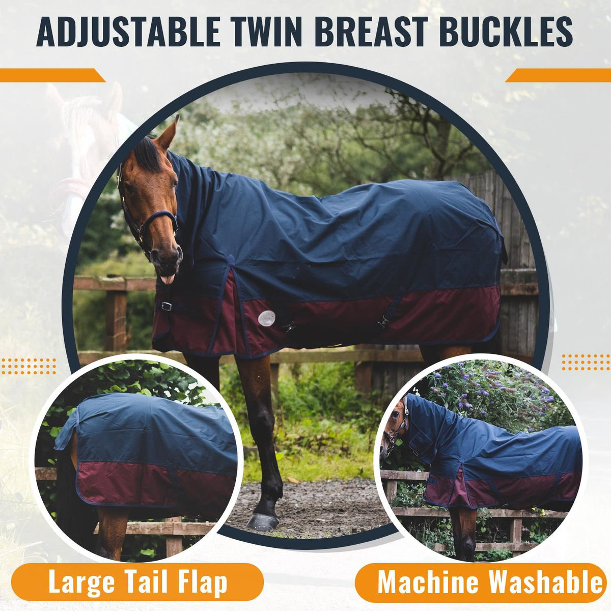 1200D Mediumweight Waterproof Horse Turnout Rug 50g Fill Combo Full Neck Navy/Burgundy