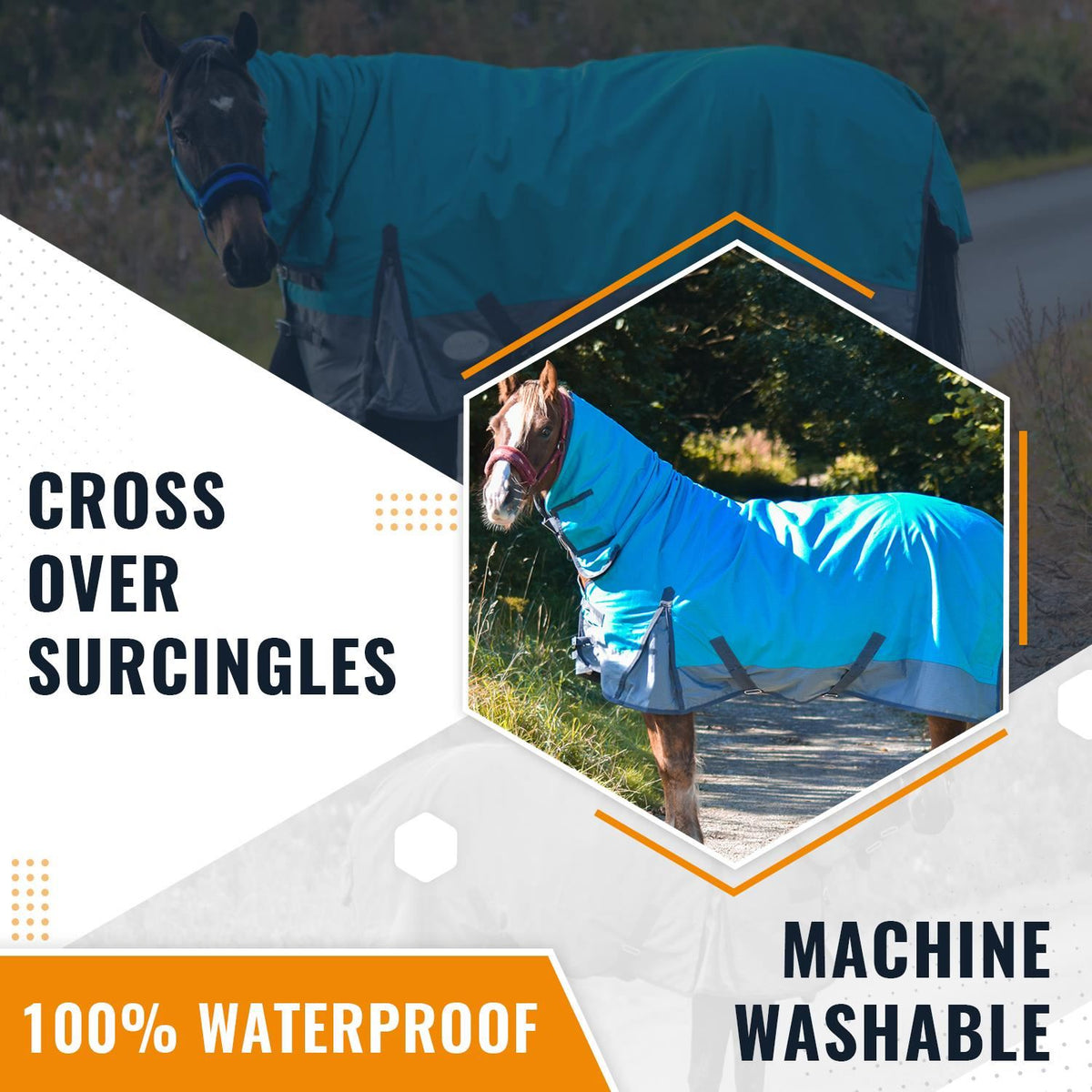 1200D Lightweight Waterproof Horse Turnout Rug 0g No Fill Combo Full Neck Aqua/Dark Grey