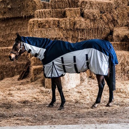 600D 2 in 1 Lightweight Waterproof Fly Turnout Mesh Horse Rug Fixed Neck Navy/Silver