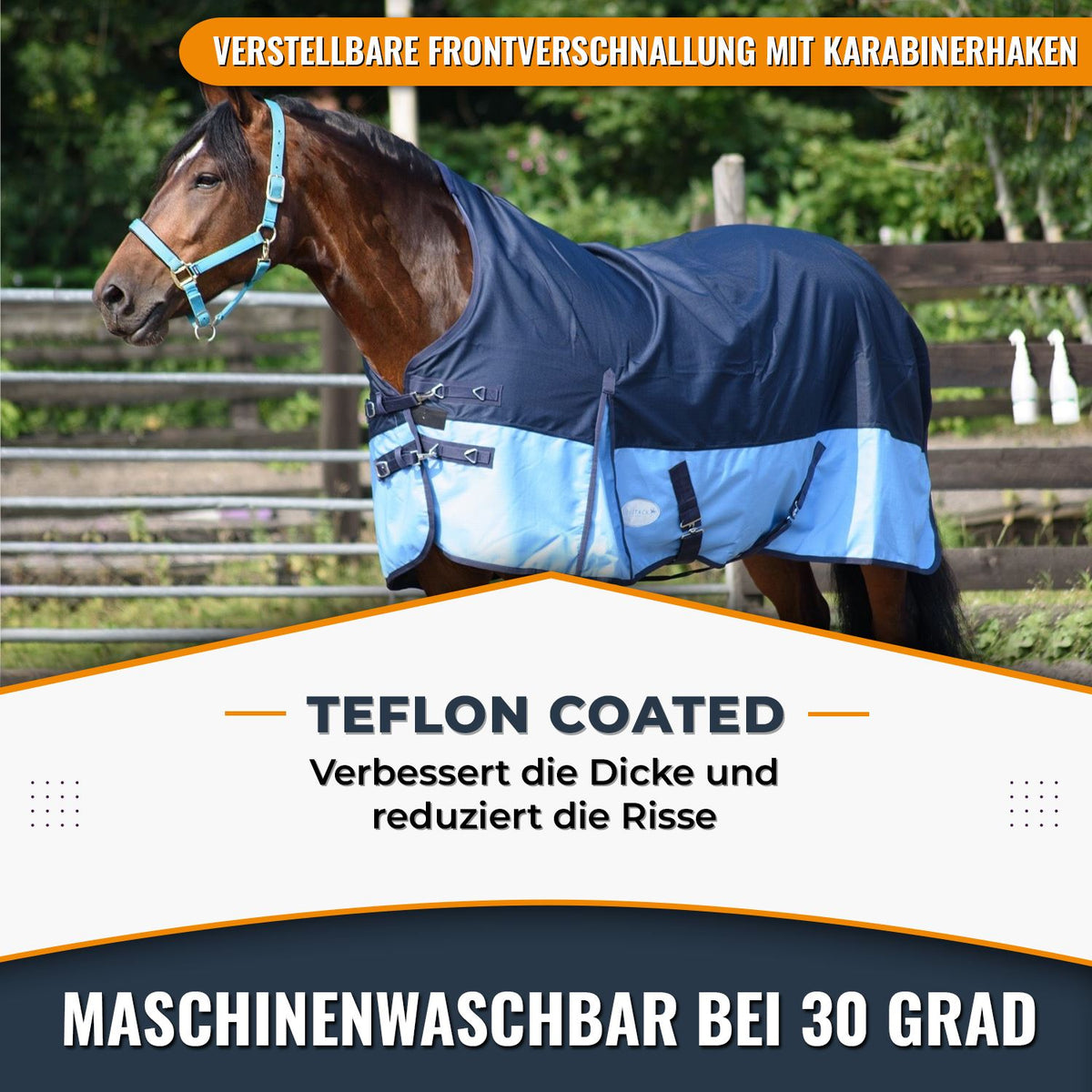 1200D Lightweight Waterproof Horse Turnout Rug 0g No Fill Half Neck Navy/Baby Blue