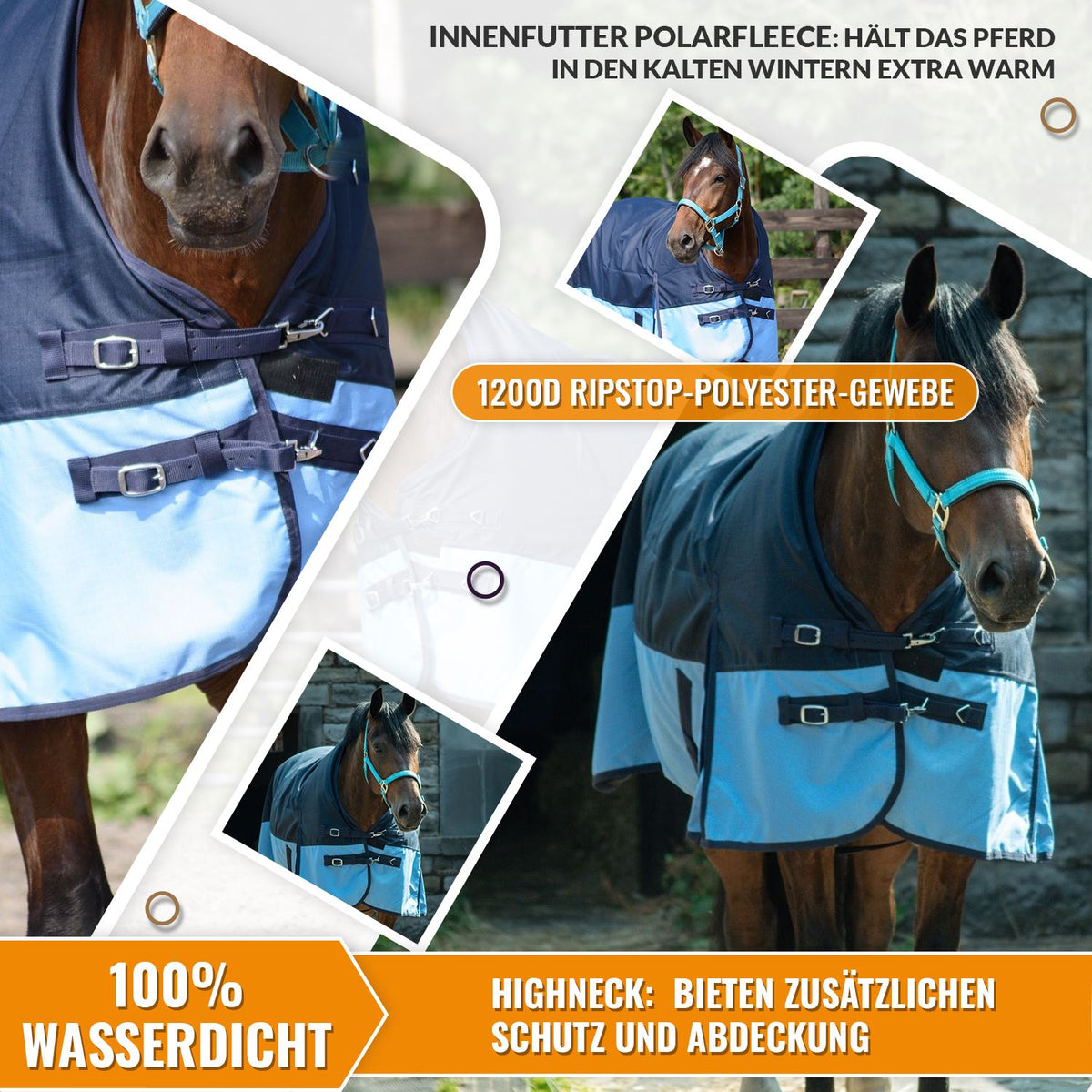 1200D Lightweight Waterproof Horse Turnout Rug 0g No Fill Half Neck Navy/Baby Blue
