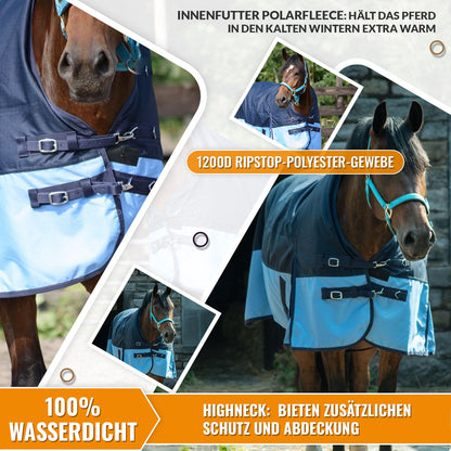 1200D Lightweight Waterproof Horse Turnout Rug 0g No Fill Half Neck Navy/Baby Blue