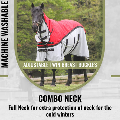 600D 2 in 1 Lightweight Waterproof Fly Turnout Mesh Horse Rug Fixed Neck Red/Grey