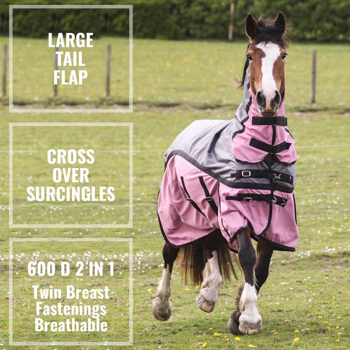 600D 2 in 1 Lightweight Waterproof Fly Turnout Mesh Horse Rug Fixed Neck Grey/Raspberry