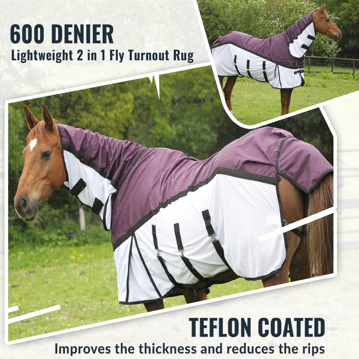 600D 2 in 1 Lightweight Waterproof Fly Turnout Mesh Horse Rug Fixed Neck Burgundy/White