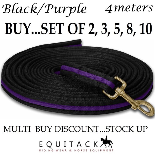 Padded Lead Rope Lunge Line Black/Purple 4 meters - Pack of 2, 3, 5, 8 & 10
