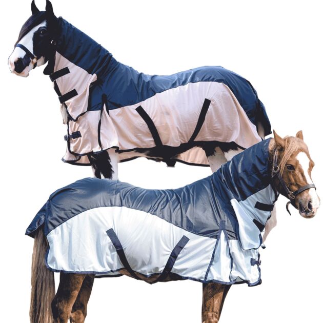 420D 2 in 1 Waterproof Fly Turnout Mesh Horse Rug Fixed Neck Navy/Blue 5'6''-6'9''