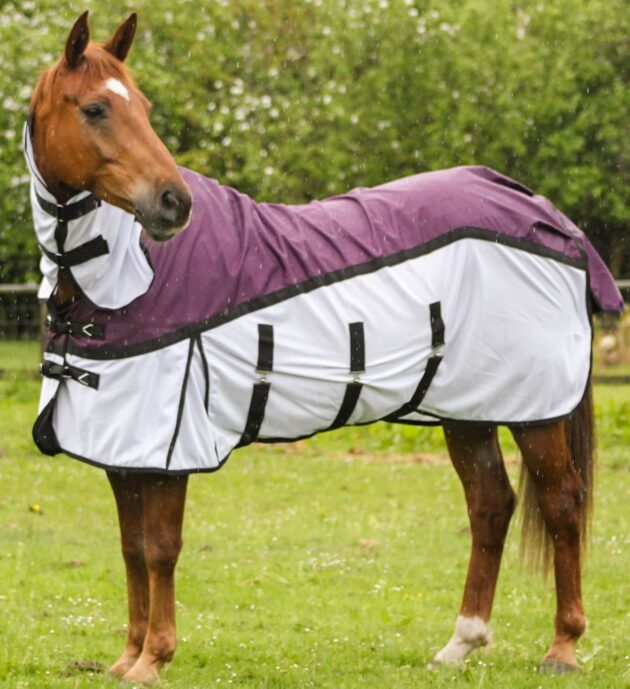600D 2 in 1 Waterproof Fly Turnout Mesh Horse Rug Fixed Neck Burgundy/White 5'6''-6'9''