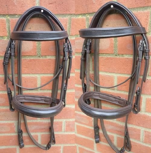 Leather Snaffle Cavesson Competition Horse Riding Bridle + Reins Brown Full